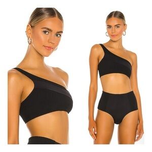 L*Space | Celeste One Shoulder Ribbed French Bikini Top In Black | XS